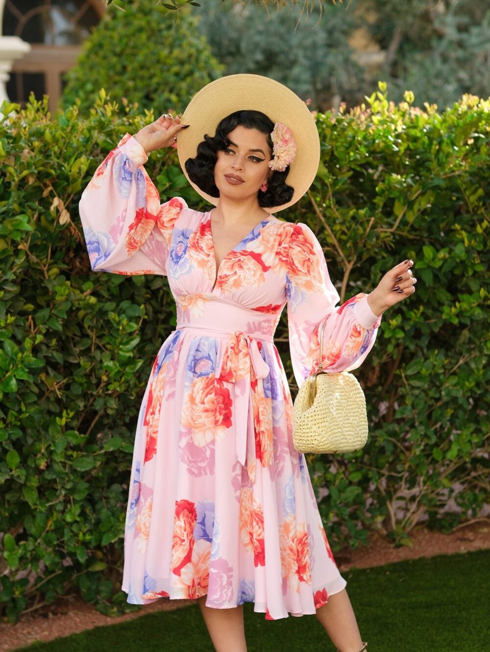 Vintage Vandalizm Pink Floral V-Neck Long Sleeve Swing Dress